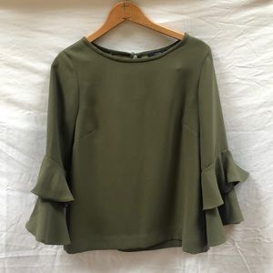 Green long sleeve blouse with sleeve ruffles